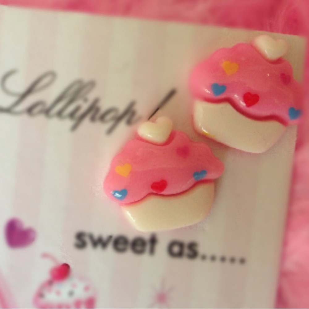 Oh lollipop fluff heart cherry cupcake earrings candy pastel stud post girls